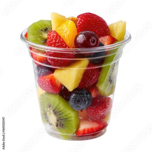 Freshly Cut Mixed Fruit Salad in Clear Plastic Takeaway Cup Isolated Transparent PNG