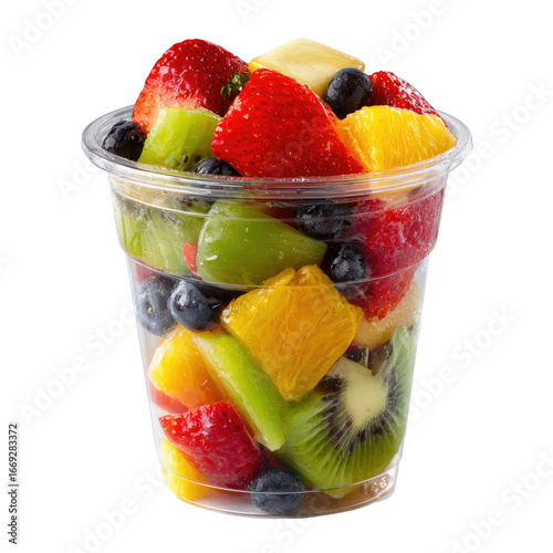 Freshly Cut Mixed Fruit Salad in Clear Plastic Takeaway Cup Isolated Transparent PNG