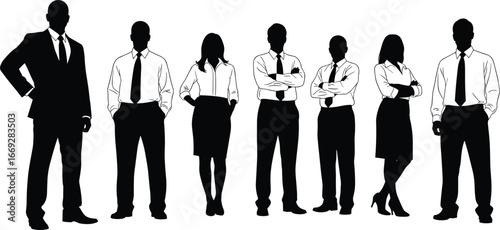 Silhouette business team, corporate professionals, office workers, formal wear, standing pose, teamwork, leadership, diversity, business attire, vector illustration