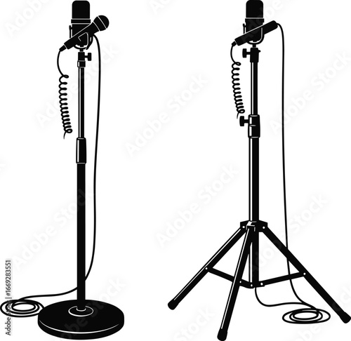 Silhouette microphone setup, two mic stands, audio cable, studio recording, podcasting equipment, music gear, professional sound, vector illustration
