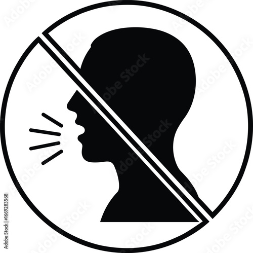 Silhouette no talking sign, prohibition symbol for silence, vector illustration of no speaking warning, restricted area noise control, quiet zone icon