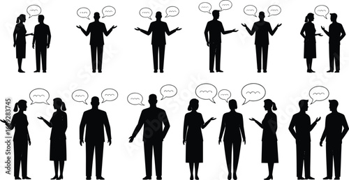 Silhouette people talking, communication concept, business discussion, teamwork idea, speech bubble vector, conversation illustration, dialogue symbol, meeting graphic, corporate 