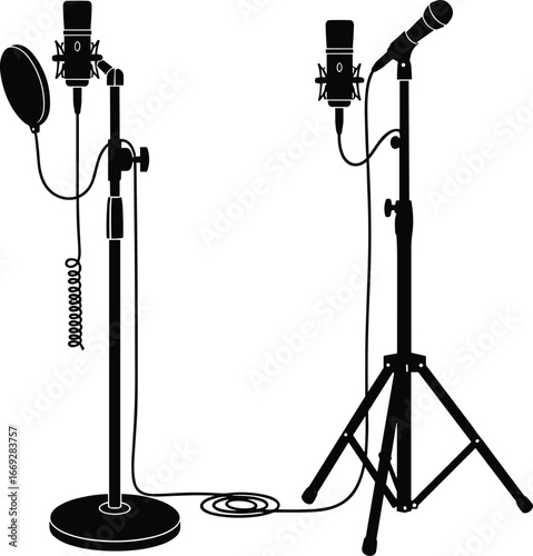 Silhouette studio microphones, pop filter, mic stands, audio recording setup, vector illustration, professional sound equipment, podcast gear, music tools