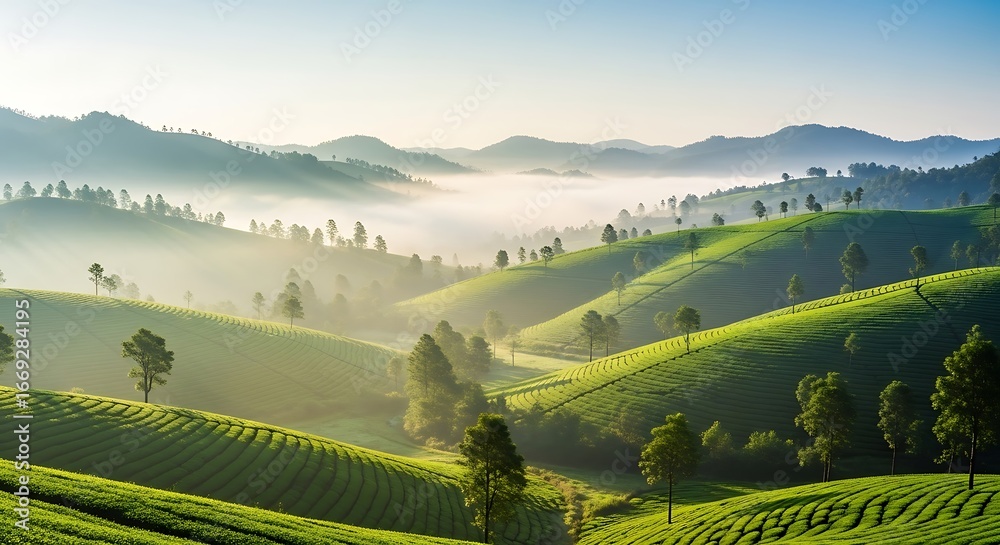 Fototapeta premium Misty Green Rolling Hills Tea Plantation Sunrise