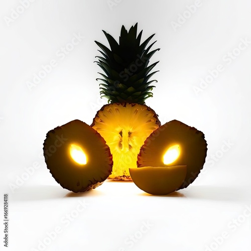 Silhouetted backlighting smooth gradient transitions, light source behind pineapple cut in with generative ai