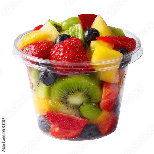 Freshly Cut Mixed Fruit Salad in Clear Plastic Takeaway Cup Isolated Transparent PNG