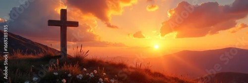 A serene landscape depicting a cross at sunset, conveying peace and spiritual reflection  The golden hour light bathes the scene in warmth and tranquility ,  hope,  easter,  religious