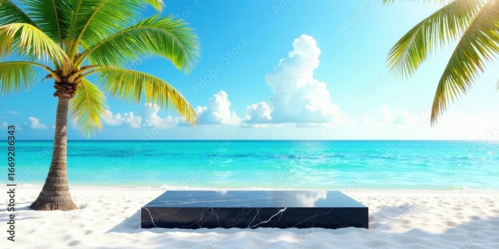 Fototapeta premium Serene Beach Paradise Polished Black Marble Display Platform on Pristine White Sand with Lush Palm Trees and Turquoise Ocean