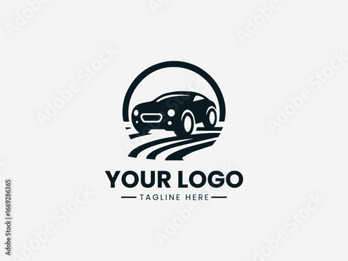 Modern automotive emblem with sleek vehicle silhouette and dynamic motion lines