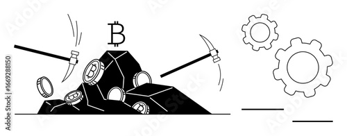 Pickaxes extracting bitcoin coins from rocks beside gears symbolizing blockchain technology. Ideal for finance, cryptocurrency, blockchain, innovation, technology, mining, simple landing page