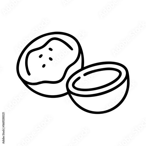 Coconut halves with oil displayed on white background  