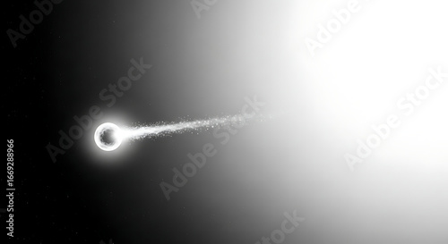 A glowing orb with a trail moving from darkness into light in a grayscale digital rendering