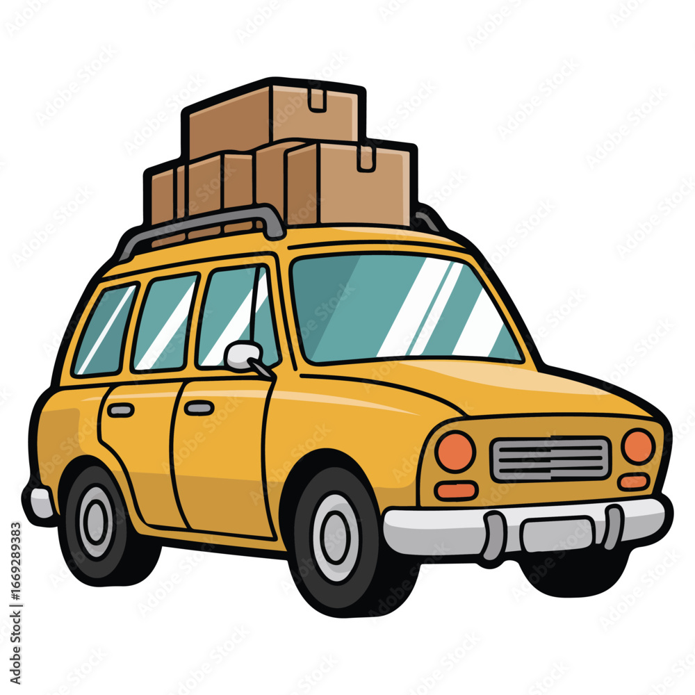 Yellow car with boxes on roof rack isolated vector illustration on white background