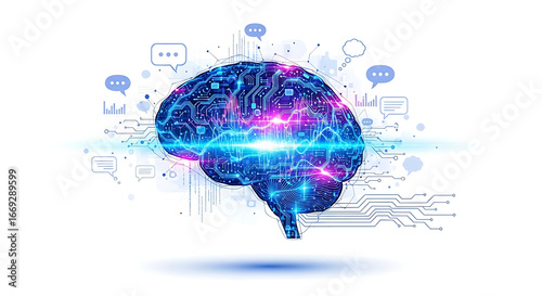 Digital brain circuitry with speech bubbles and data charts on a white background illustration