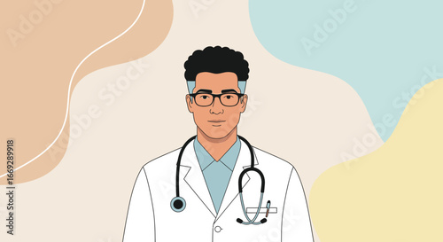 Stylish Flat Illustration of Handsome Male Doctor in White Coat Artwork