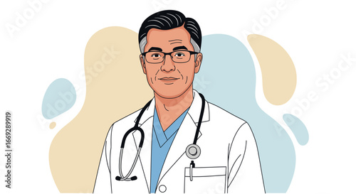 Stylish Handdrawn Mature Asian Male Doctor Character Medical Illustration