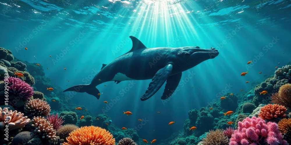Fototapeta premium Oceanic Whale Majestically Swims Through Vibrant Coral Reef Ecosystem, Sunlight Illuminates Scene