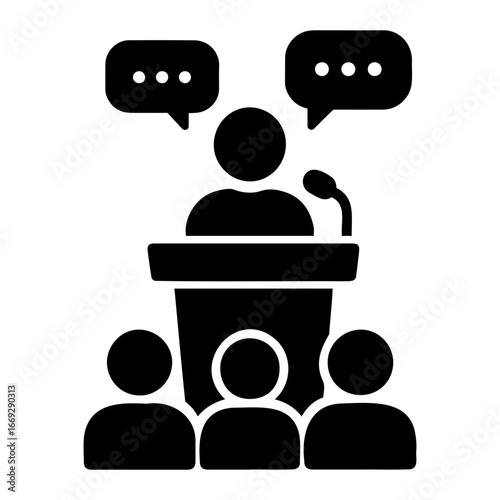 Business team meeting vector speaker giving presentation at podium with audience and speech bubbles above him on transparent background