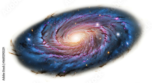 A swirling galaxy with a bright center and blue and purple arms on a white background isolated