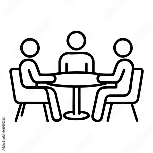 Business team meeting vector three stick figures sitting around a table in a meeting or discussion setting on transparent background