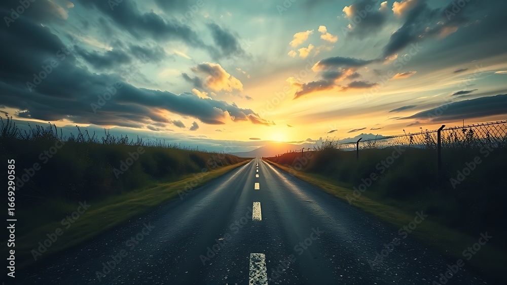 Naklejka premium A dramatic split in the road under a moody sky, symbolizing life's pivotal choices.