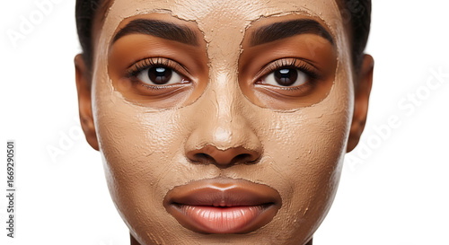 Close up of a woman with a facial mask applied to her face on a white background in a studio setting