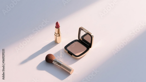 Luxury makeup set with lipstick, powder compact, and brush on a soft pastel background. Elegant cosmetic flat lay for beauty, fashion, skincare, and luxury lifestyle concepts.