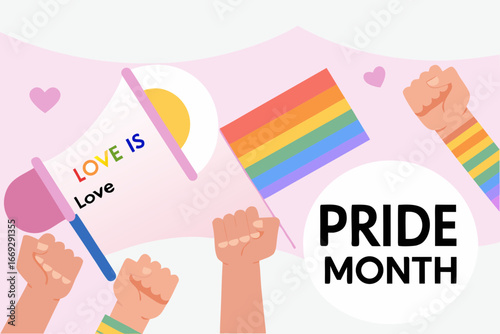 Pride month celebration with rainbow flag and love is love message