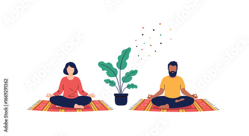 Couple meditating together in zen space, promoting relaxation, mindfulness, and well-being with plant