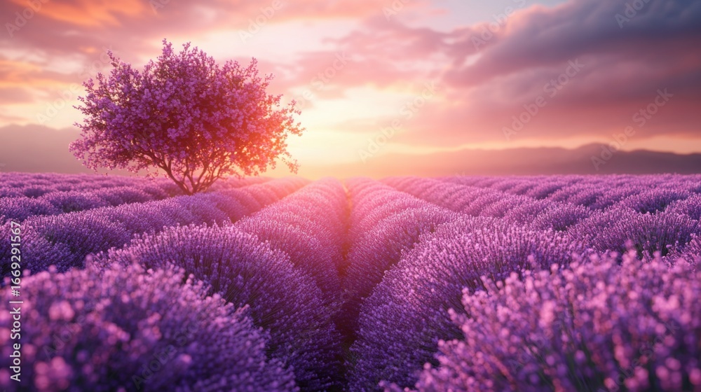 Obraz premium Serene Sunset over Lavender Field with Blooming Tree Peaceful Nature Scene Provence Landscape