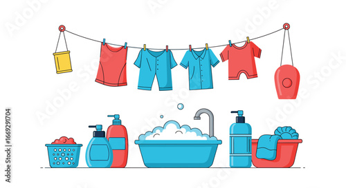 Fresh laundry day scene with clothes hanging, soap, and washbasin for clean home concepts