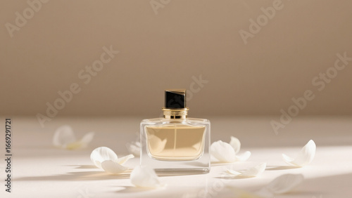 Elegant glass perfume bottle with golden cap surrounded by white flower petals on soft beige background. Luxury fragrance product photography for beauty branding, cosmetic advertising