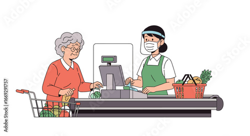 Grocery shopping during pandemic with masked cashier and customer with food basket