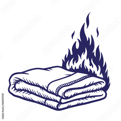 Vector illustration depicting stacked blankets emitting flames indicating overheating or combustion