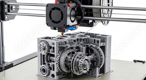 A close up of a three d printer creating a complex mechanical model on a white surface in a studio