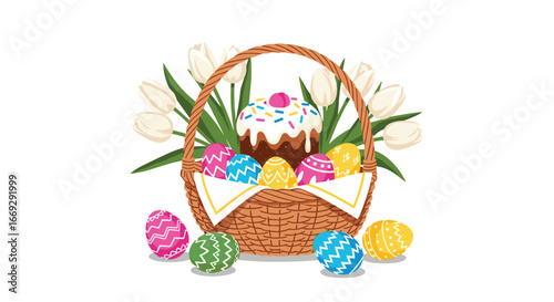 Easter basket filled with decorated eggs, cake, and tulips, perfect for spring celebrations