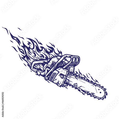 Vector illustration of a burning chainsaw in a dynamic and energetic style