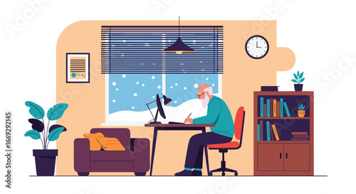 Senior man working from home in warm, cozy room during winter snow, modern lifestyle