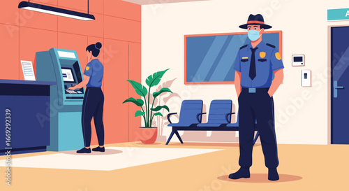 Stay safe while withdrawing cash at the ATM with security guard and customer during pandemic times