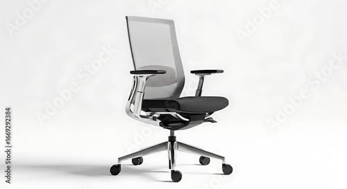 A modern office chair with a mesh back and adjustable armrests on a white background studio shot