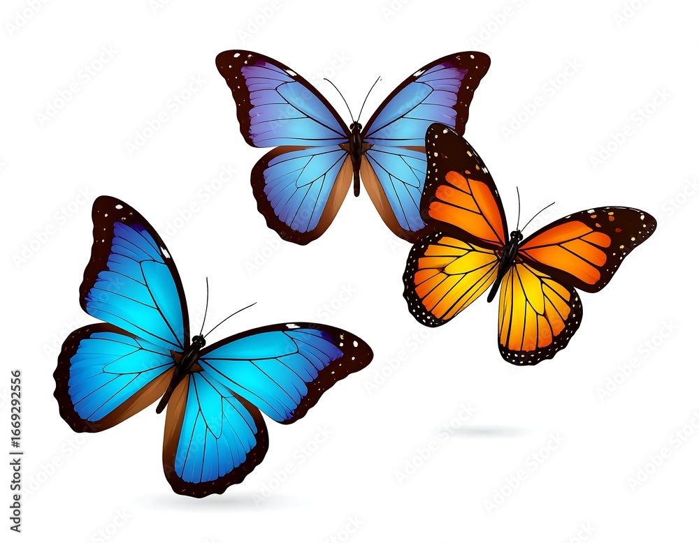 Obraz premium Three Butterflies in Flight, White Background