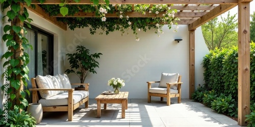 Serene Patio Haven Wooden Pergola, Lush Greenery, Comfortable Seating, and Tranquil Ambiance