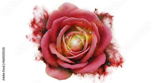 A close up of a pink rose with a glowing center and a cosmic background on a white background