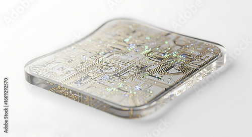 A close up view of a clear square coaster with circuit board design on a white surface background