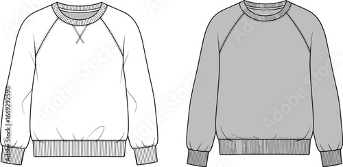 Sweatshirt technical sketch, raglan sleeve fashion illustration, flat vector apparel design, cad drawing, garment construction, casual wear, gray rendering