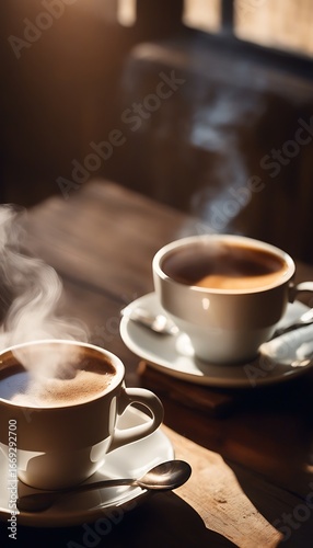 Two steaming cups of coffee on saucers with spoons on a wooden table in warm morning light