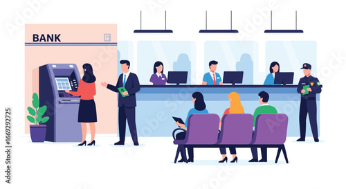 Customers and employees at modern bank location for financial services and support illustration
