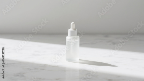 Minimalist skincare bottle with pump on white marble background. Clean beauty concept, cosmetic packaging mockup, luxury skincare product photography for advertising and branding.
