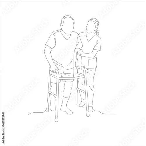a nurse helping a patient to walk. line art