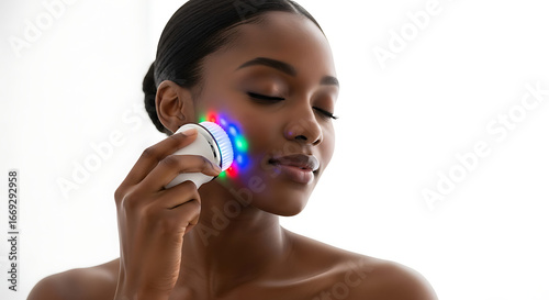 Woman using led light therapy device on face for skincare treatment against white background in studio shot